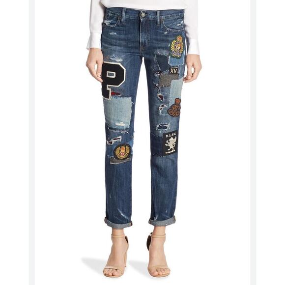 Ralph Lauren Astor Slim Boyfriend Jeans 26 Denim Distressed Patchwork Dungarees - Picture 5 of 8
